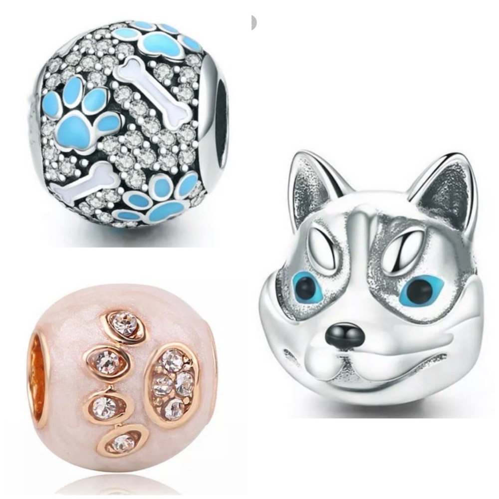 3 Dog Bone and Paw, Siberian Husky Dog Charm Bundle /Not Pandora